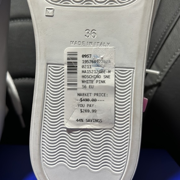 🔥🔥🔥NEW Moschino White & Pink Leather Logo High Top Leather Lace Sneaker - Picture 11 of 11